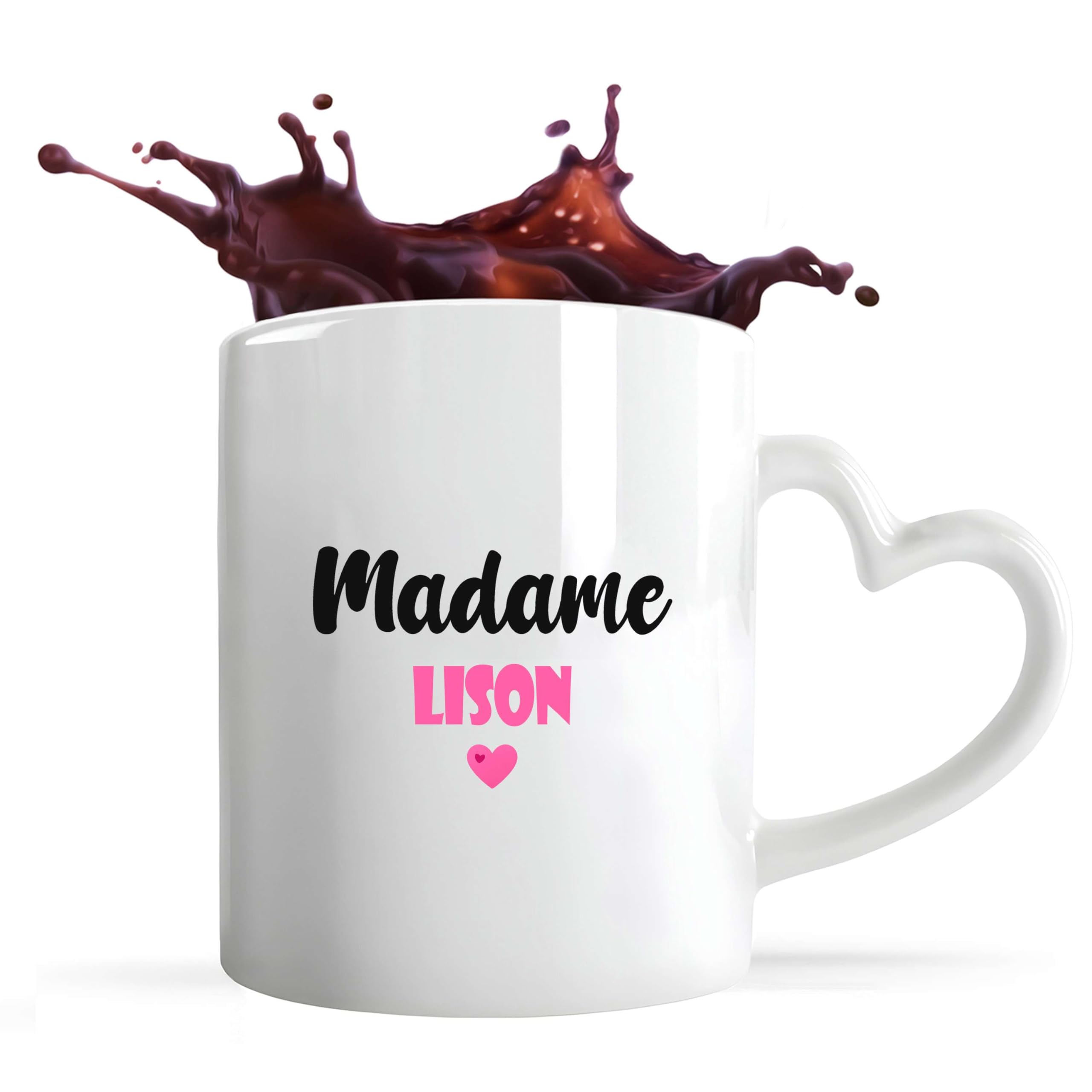 Otshirt Tasse Cœur Madame Lison | Mug | Idée Tasse Personnalisable en forme de Cœur Cadeau Anniversaire Fête Original Famille Travail Départ Collègue Retraite Noël. (Rose)