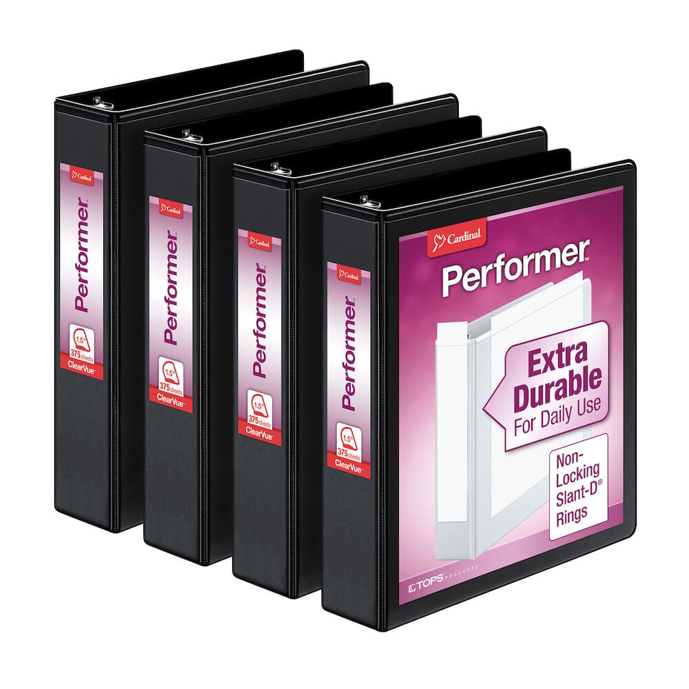 Cardinal Performer 3-Ring Binders, 1.5", Non-Locking Slant-D Rings, 375-Sheet Capacity, ClearVue Presentation, Non-Stick, PVC-Free, Black, 4-Pack (27401)