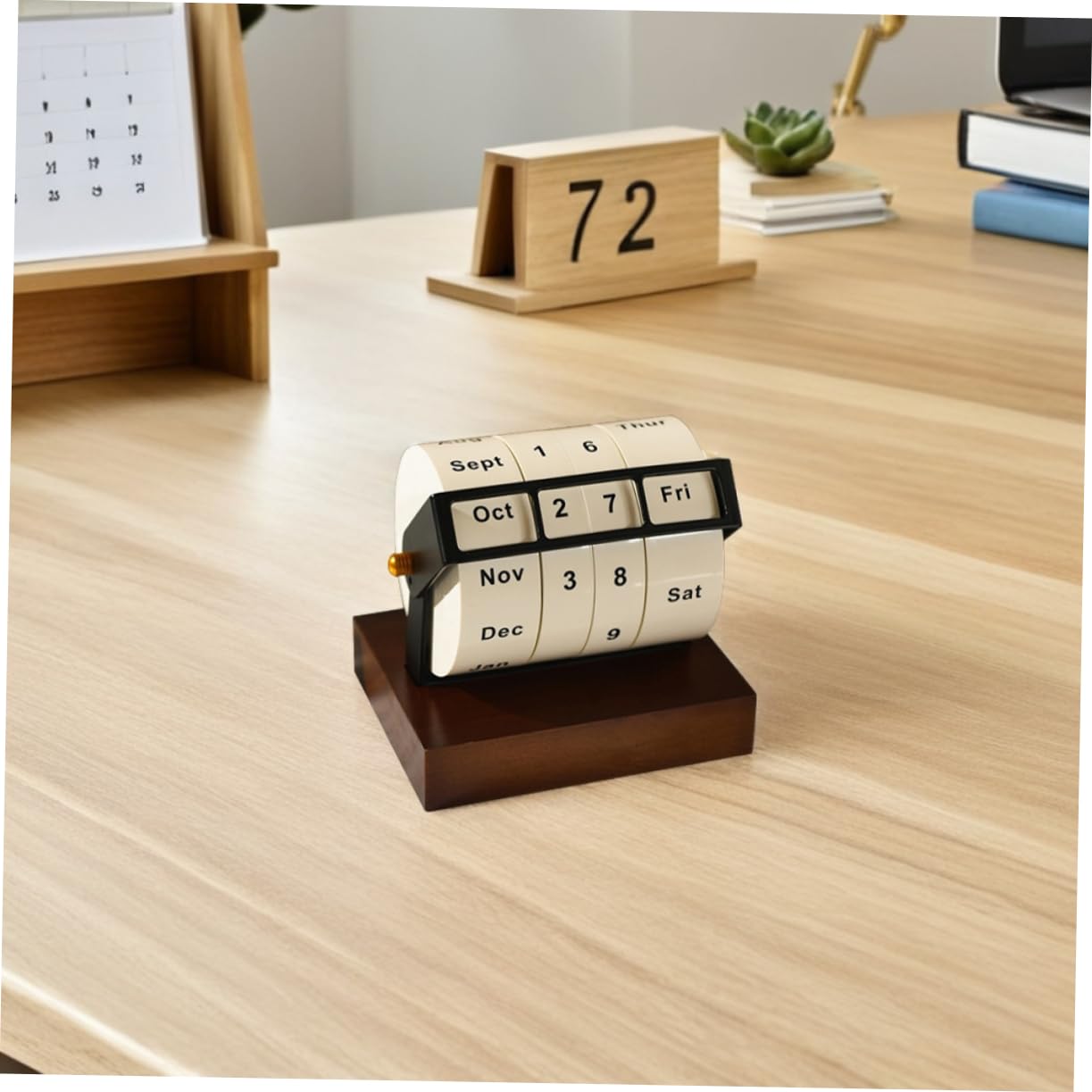 Calendario perpetuo vintage: scrivania girevole in metallo, calendario a blocchi di legno rotante manuale per la scrivania in ufficio a casa, data, settimana, mese