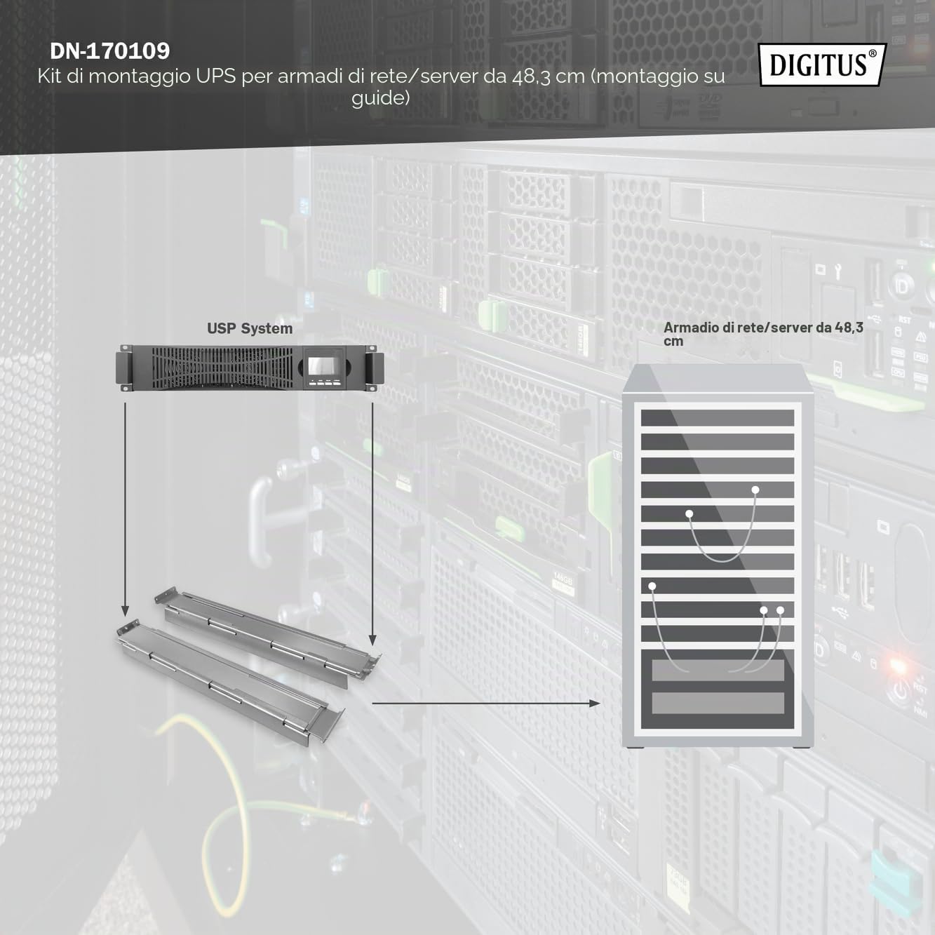DIGITUS Kit di montaggio per gruppi di continuità da rack 19 pollici – per armadi di rete e server da 19" DIGITUS – Compatibile con sistemi UPS OnLine – Profondità variabile da 468,5 a 1000 mm