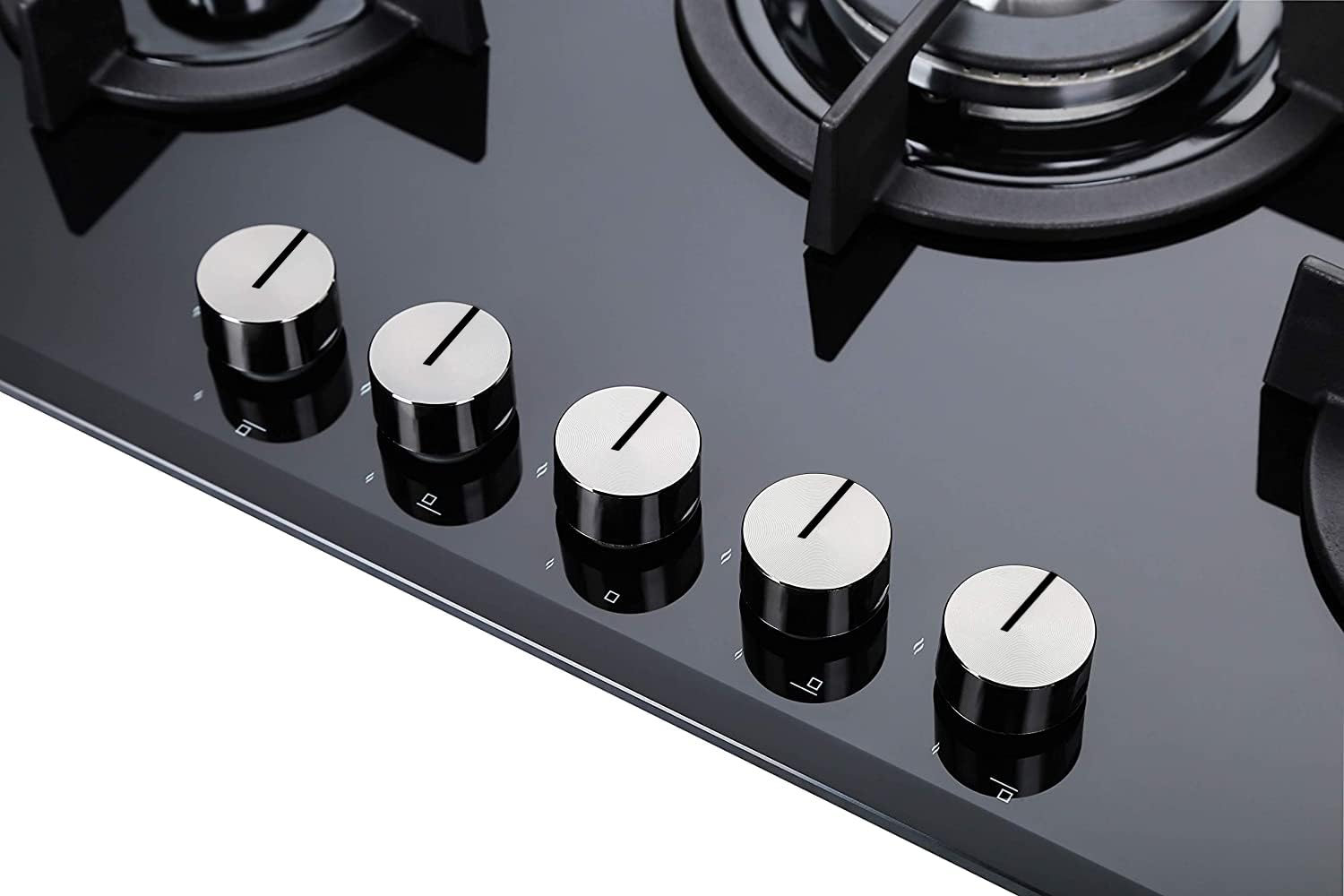 Piano Cottura a Gas 75 cm, 5 Fuochi, Vetro Temperato Nero, Griglie in Ghisa, Accensione Automatica, Bruciatore Wok 3500W, Metano e GPL - 4