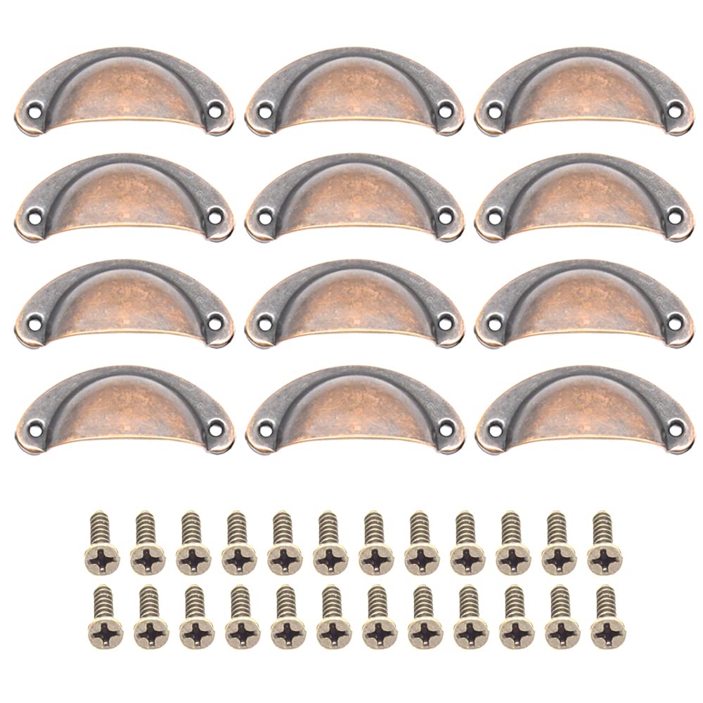Ceeysee Red Copper 12Pcs Cup Handles For Drawers 81 X 35Mm Shell Pull Handles Vintage Antique Drawer Semicircle Handle Furniture Door Knobs Handles With Screws (Klsho/Red Copper)