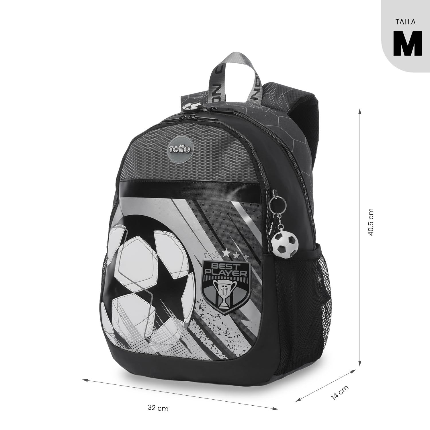 TOTTO - Mochila Escolar, Modelo Champion M, Mochila Mediana, Capacidad 18 L, Compartimento Delantero, Bolsillos Botella, Organizador Interno, Correas Acolchadas, Resistente y Duradera, Estampado Negro