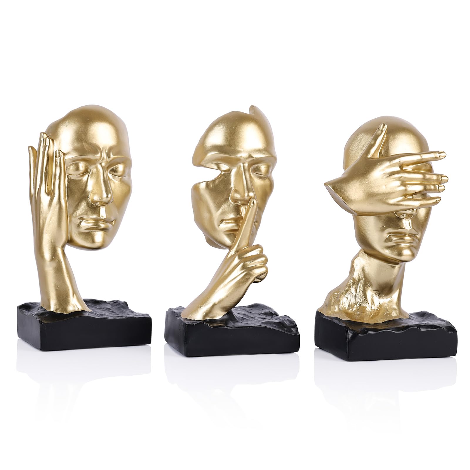 Set di 3 statue del pensatore con scritta in inglese "See No Evil Hear No Evil Speak No Evil, No Evil, No Evil, Scultura astratta, in resina, decorazione per casa, ufficio, soggiorno, mensola