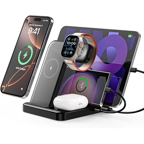 Intoval 5-in-1 Charging Station, for iPhones 16e/16 Pro Max/16 Pro/16 and Androids, iPad Pro/Air/Mini, Apple Watch 10/Ultra 2/Ultra/9/8/7/SE, Wireless Charging Dock for Multiple Devices (Black)