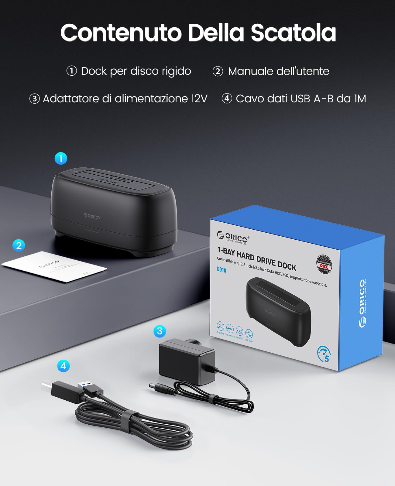 ORICO Hard Disk Docking Station USB3.0 per HDD/SSD SATA da 2,5 e 3,5 pollici, Supporto per UASP e Dischi Rigidi da 20TB (DD18U3)