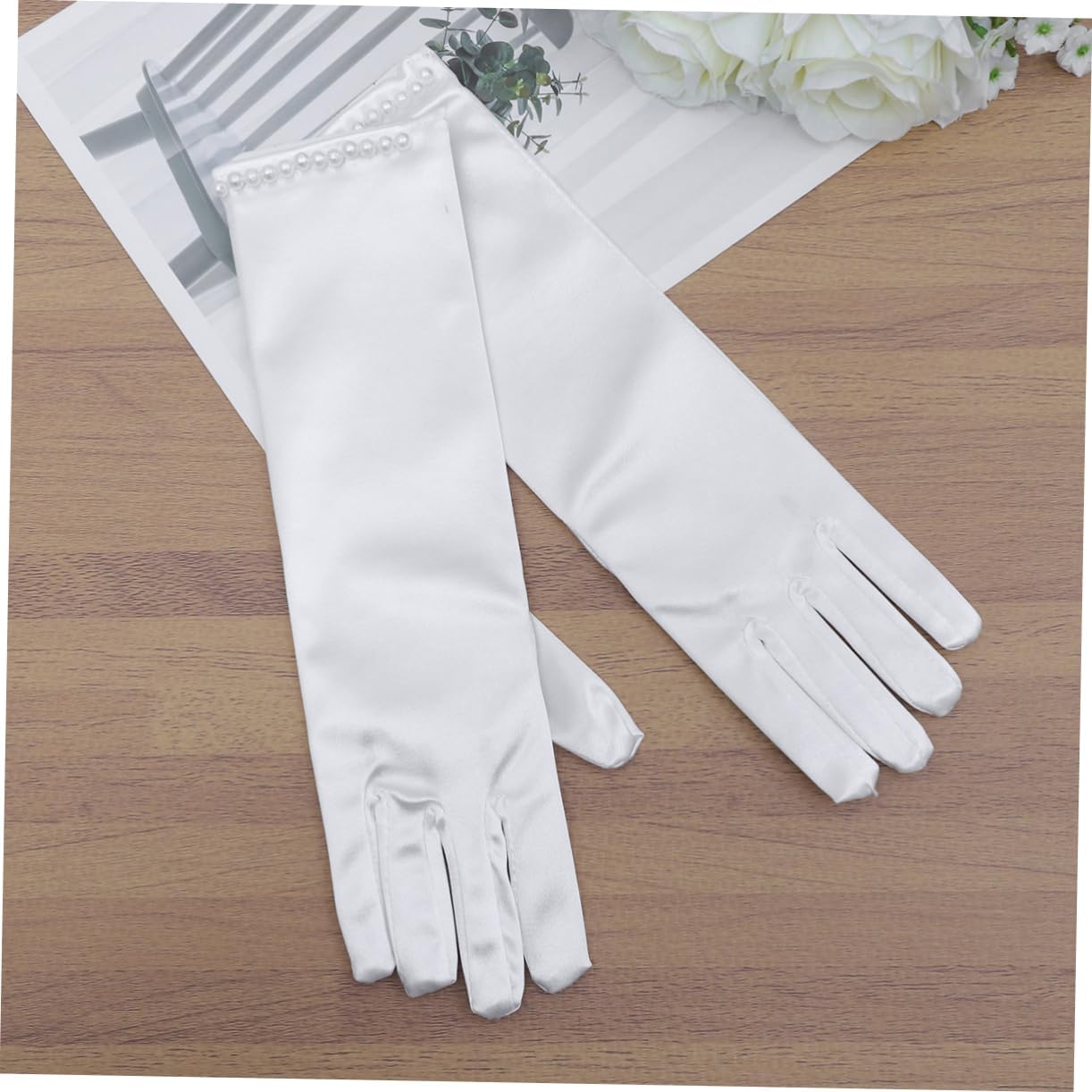 VALICLUD Wedding Flower Girl Gloves Elegant Long Satin Dress Gloves with Pearl Decor for Special Occasions White