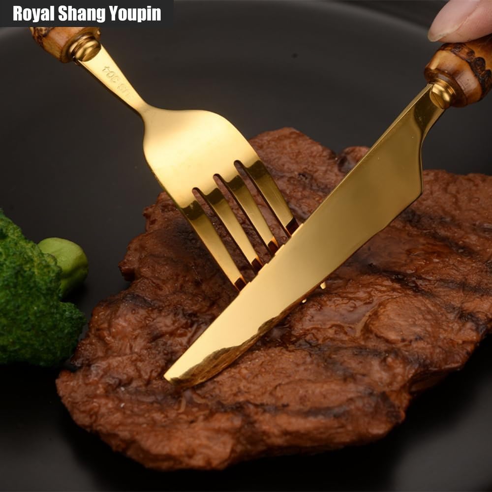 Véritable Manche en Bambou Cuisine en Acier Inoxydable Argenterie Vaisselle Couverts Couverts Couteaux Fourchettes Cuillères Ensemble Maison (Or,24 pièces/Range-Couverts)