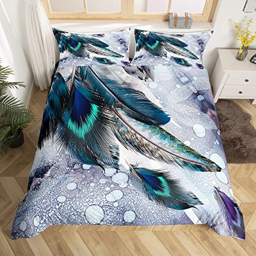Feather Duvet Cover Kid Queen Western Colorful Feather Decor Bedding Set Bird Peacock Feather Pattern Printed On White Comforter Quilt Cover For Adult Teen Boys And Girls Decorative Bedding Feathers K #TOP15