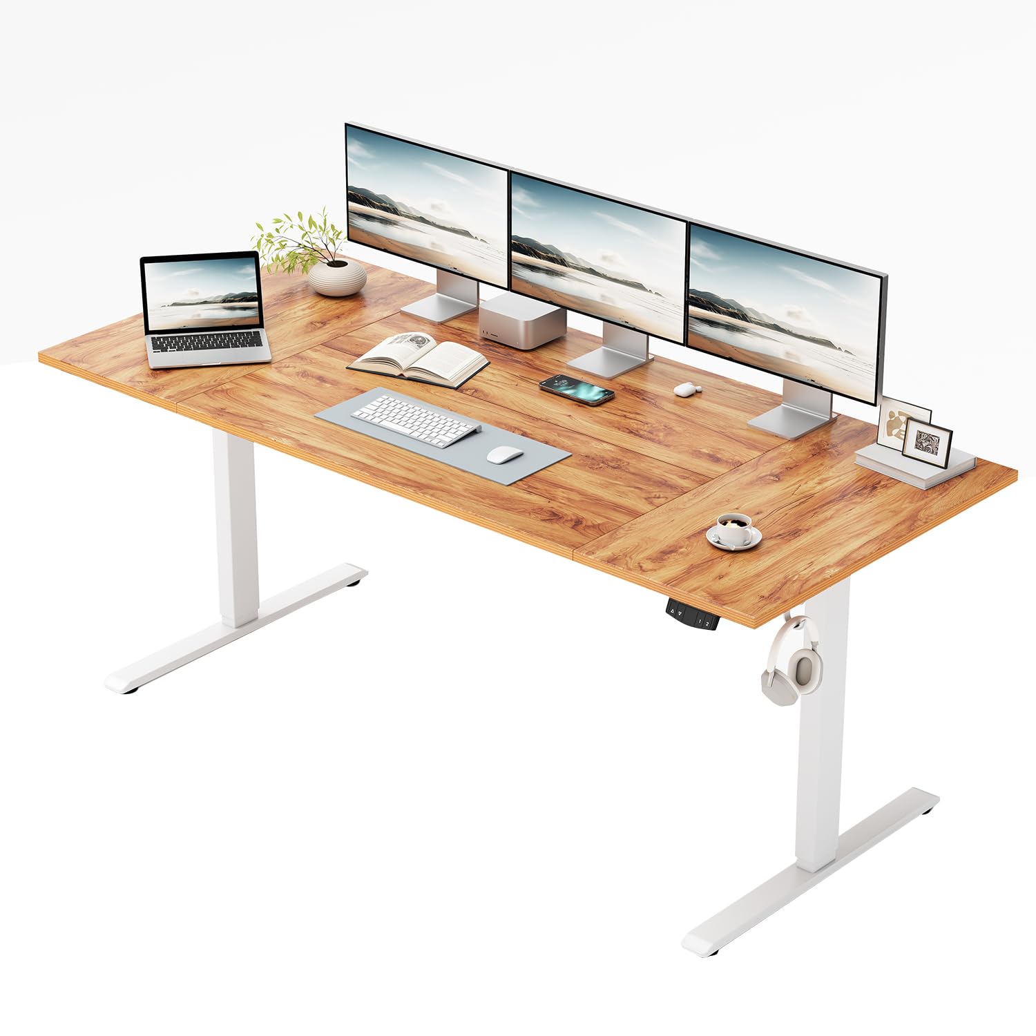 Klicelor Höhenverstellbarer elektrischer Schreibtisch, 180 x 80 cm Sitz-Steh-Bürotisch, Computertisch mit Memory-Funktion, Stehpult, Gaming-Tisch mit vierteiliger Tischplatte, Hellbraun