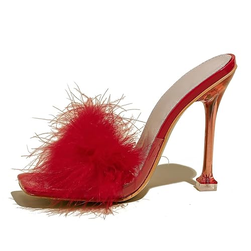 azmodo Women White Feather Clear PVC Slippers Square Toe Stilettos Slides Transparent Crystal High Heels Sandals Mules Party Shoes Glass Heels - 6.5-7 - Red