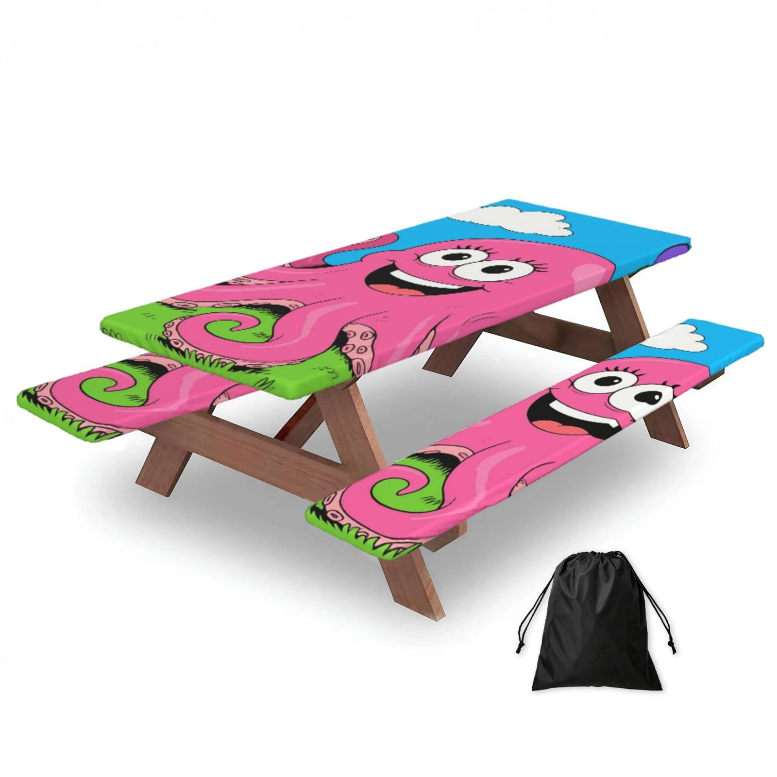 FekiLoot Funny Octopus Picnic Table Cover with Bench Covers and Bag, Windproof Waterproof Rectangle Tablecloth with Elastic Edges Fitted Camping Table Covers for Picnic Party Travel