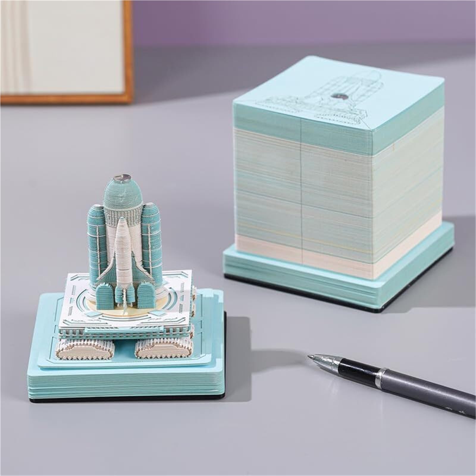 Stehender Tischkalender 340 gravierte Notizzettel aus Papier, blaue 3D-Kunst-Haftnotizen, kreatives Architekturmodell Vintage-Bürodekoration