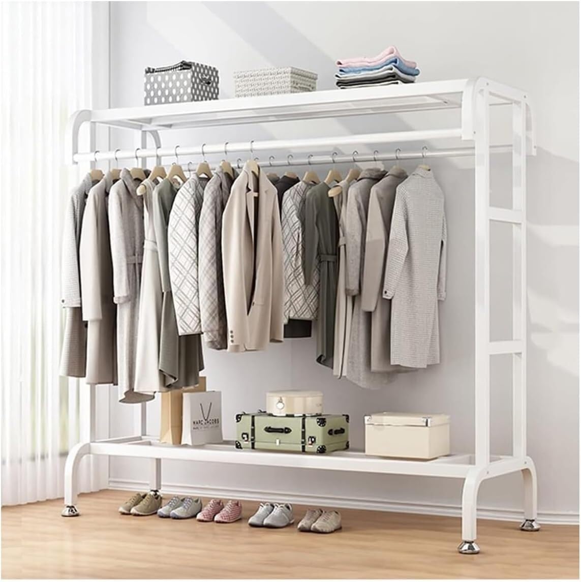 FGXHHS Multifunctional White Double Rail Garment Rack - Metal Clothes Stand with Shelves for Coats, Jeans & Outfits 120cm Bedroom Storage Organizer Wardrobe Solution