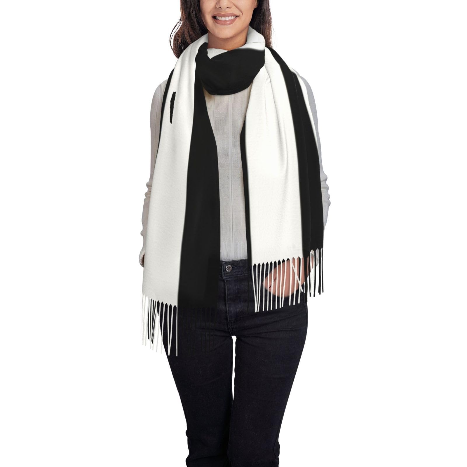 Sdegtho Black Stripes White Printing Tassel Scarf, Winter Warm Cashmere Like Tassel Scarf For Autumn, Soft Lightweight With Tassels