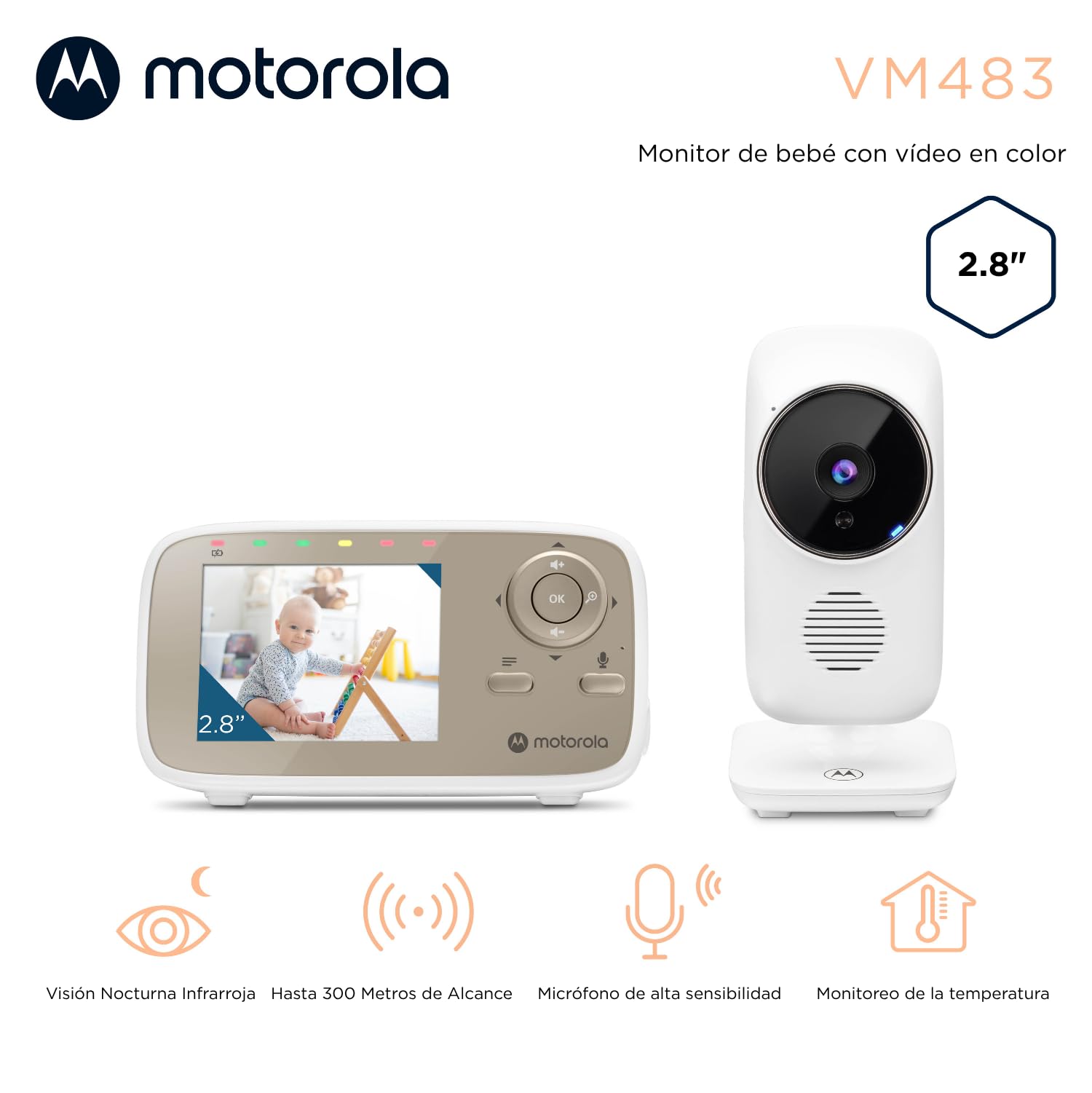Motorola Nursery Vigilabebés VM483 con Cámara de 2.8", Visión Nocturna, Comunicación Bidireccional, Zoom Digital y Control de Temperatura, hasta 300 Metros de Rango