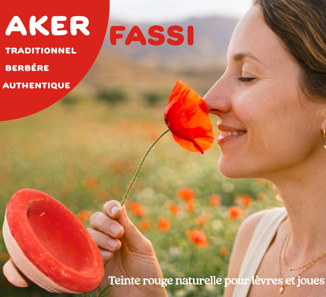 Aker Fassi Berbère Marocain Traditionnel – Tajine – Rouge à Lèvres & Blush Naturel – Pot Terre Cuite Artisanal – Pigments de Coquelicot
