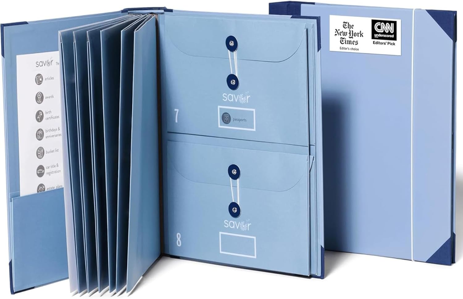 Savor | The Folio™ Document Organizer 2025 Edition | Acid-Free Custom Dyed Cloth-Bound Accordion File Organizer w/ 10 Expandable Pockets | File Folders for Home Organization & Graduation Gift (Blue)