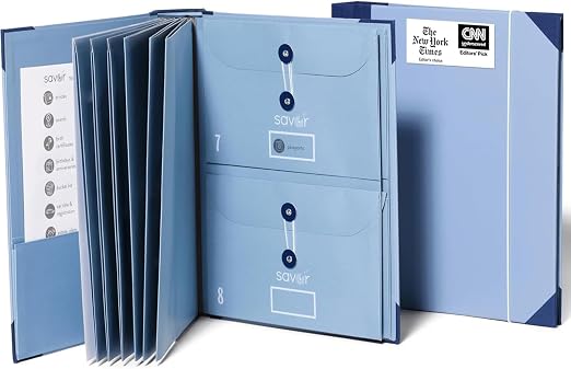 The Folio® Important Document Organizer by Savor | Binder with Guided Labels, Acid-Free File Folder with 10 Pockets for Home, Legal, Medical Papers | Mother’s Day Gift for Moms, Records Storage (Blue)