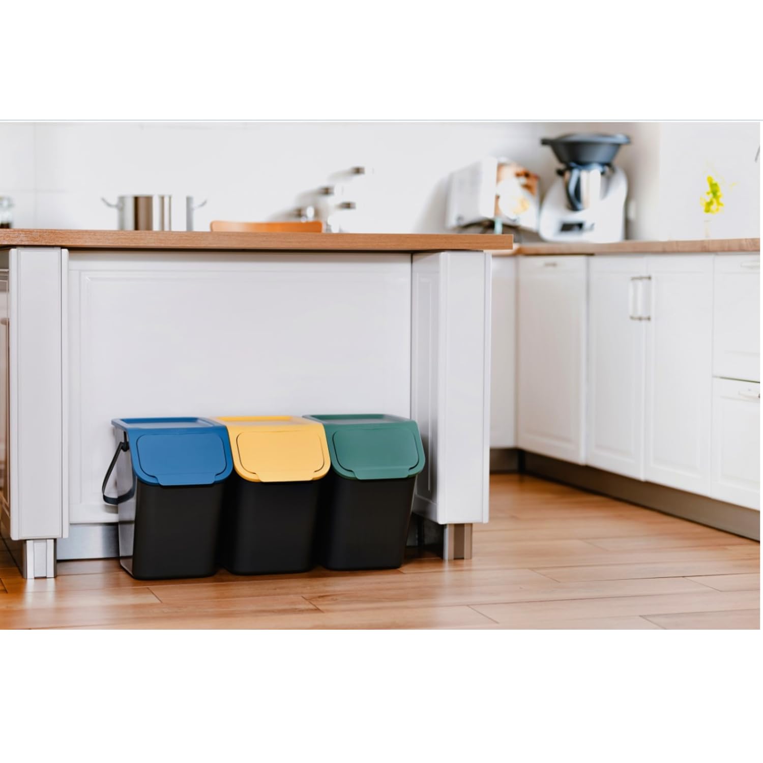 Practic Bini Juego de 3 Cubos de Basura, Cubos Apilables, Tapa con Sistema de Clic, Separación de Residuos de Cocina (3x25L + filtros)