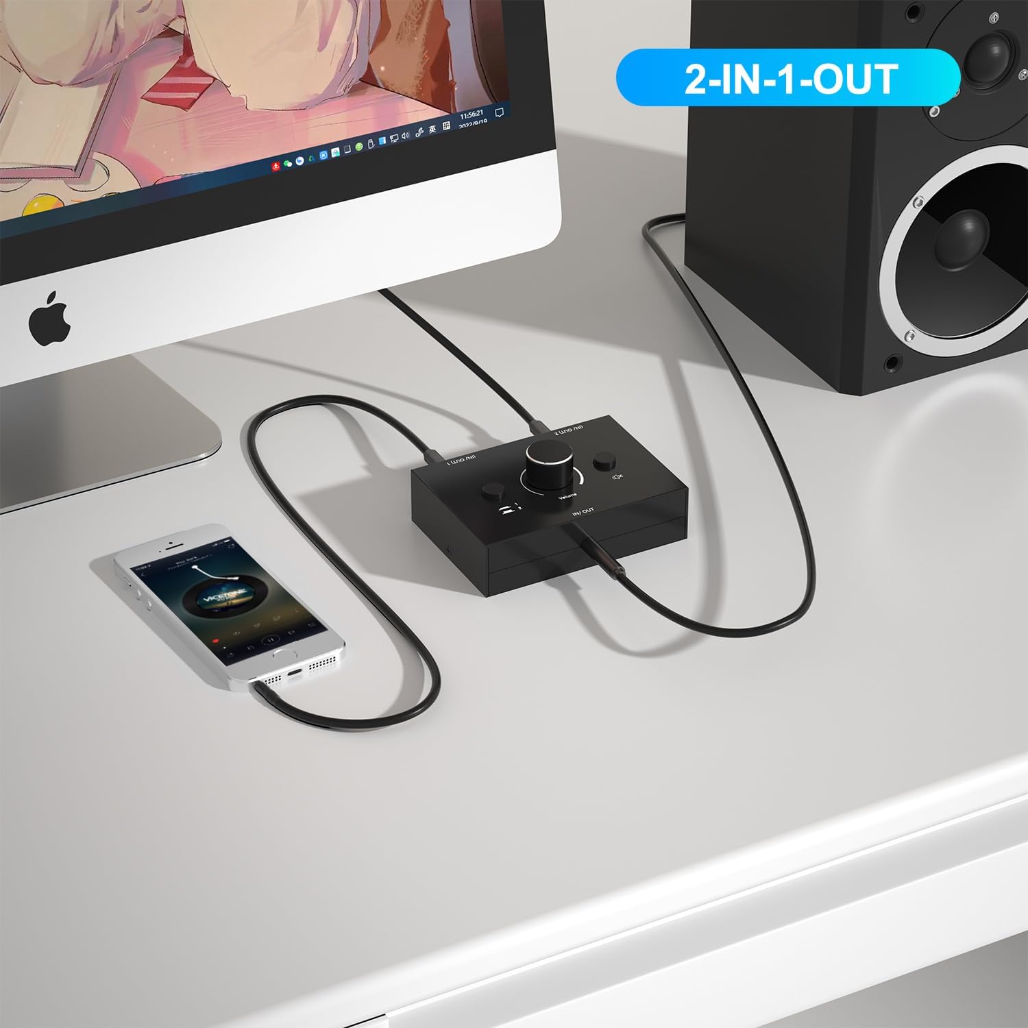 Dingsun 3.5mm Audio Switch, Stereo Audio Selector Box Passive Speaker Headphone Manual Selector with Volume Control (1 in-2 Out/ 2 in-1 Out)