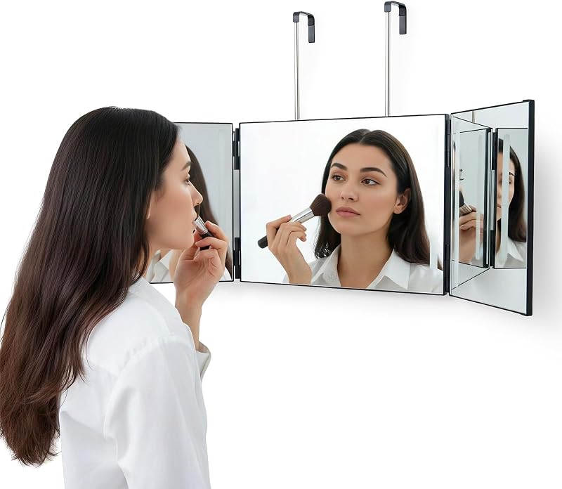 ARATERVIO 360° Dreifach Kosmetikspiegel mit verstellbarem Haken, Trifold Spiegel 3-Fach, Höhenverstellbar, tragbarer Schminkspiegel für Haarstyling, Rasieren & Make-up (Ohne Beleuchtung)
