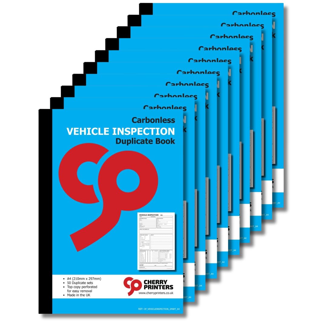 Cherry Printers Carbonless Vehicle Inspection Duplicate Book A4 | 50 Duplicate Sets | Top Copy Perforated for Easy Removal | Professional Record Pad for Vehicle Safety Checks | 10 Pack