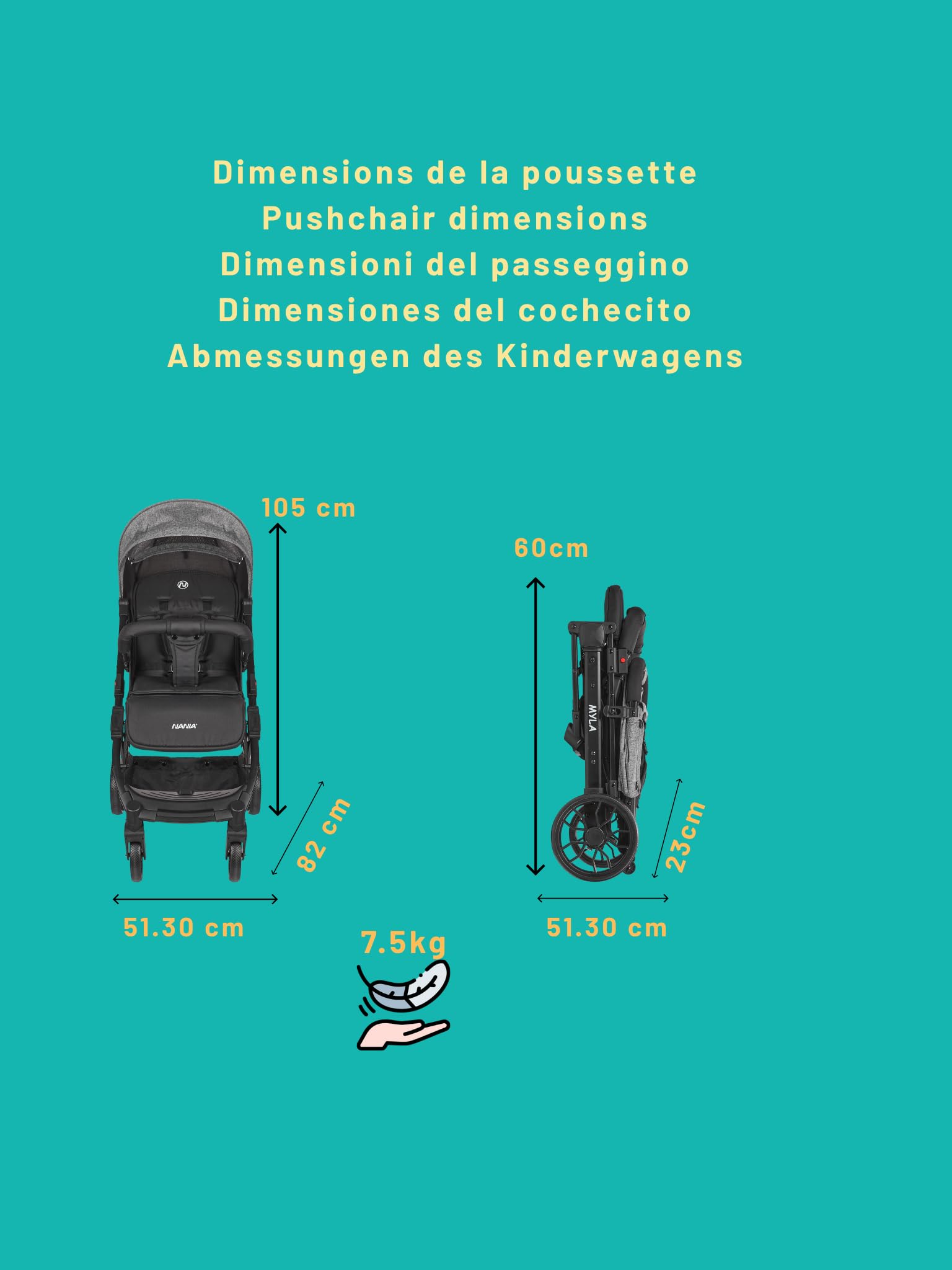 Nania Myla, poussette canne compacte, 0 à 4 ans (22kg max), légère (7,5 kg), poussette citadine, inclinable d’une main en position allongée, grand panier de rangement, avec trolley de transport