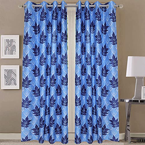 Image of Exporthub 2 Pieces Fancy Design Blue Flowers Leaf Heavy Quality Polyester Eyelet Door Curtains -Length 7 Feet (EHSPR779 74)