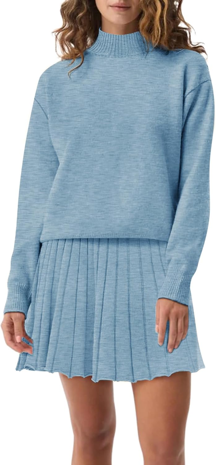 Women's Two Piece Outfits Turtleneck Long Sleeve Ribbed Knit Tops Pleated Mini Skirt 2026 Casual Sweater Sets - Image 6