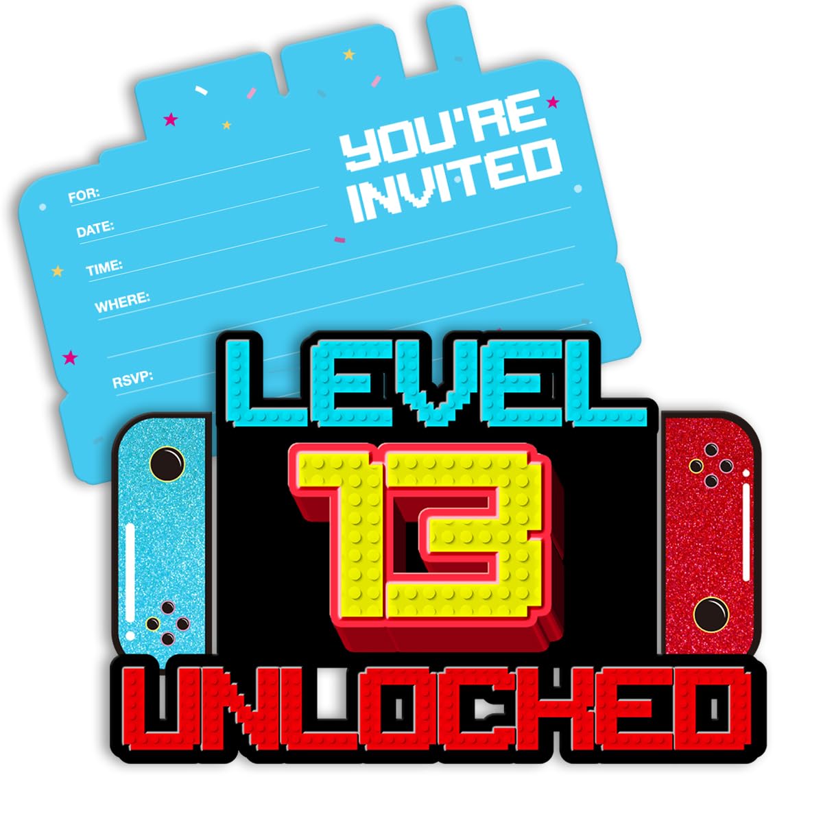 pertnate Video Game 13th Birthday Invitations Glitter Video Game 13 Year Old Boys Birthday Party Shaped Invitations with Envelopes, 20 Count
