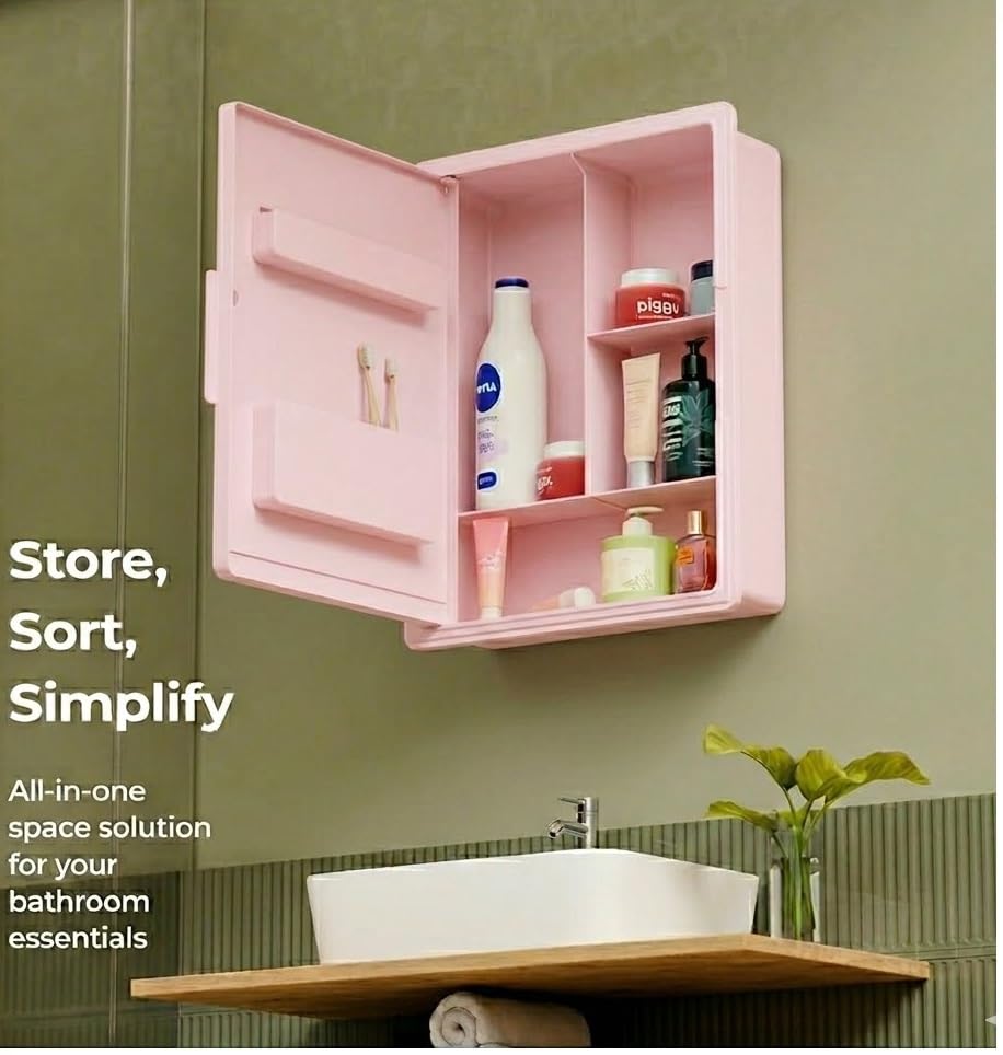 Image of zahab Wall Mounted Bathroom Mirror Cabinet 10x14 Inch | Plastic Storage Cabinet with Mirror | Waterproof Toiletry Organizer | Space Saving Bathroom Shelf (Pink)