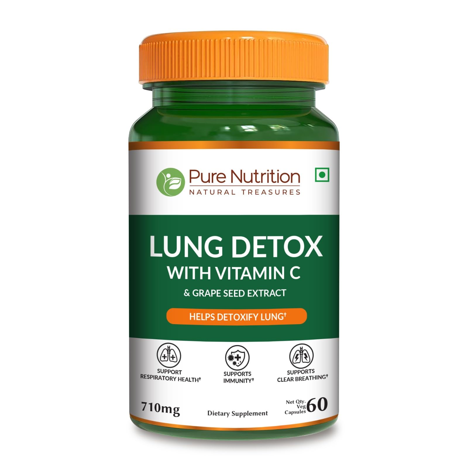 Pure Nutrition Lung Detox Supplement with Quercetin, Vit C, Nettle, Vasaka Leaf, Lotus, Licorice, Ginger Root, Grape Seed & Echinasea Extracts for Cleansing Lungs & Immune Defence - 60 Veg Capsules