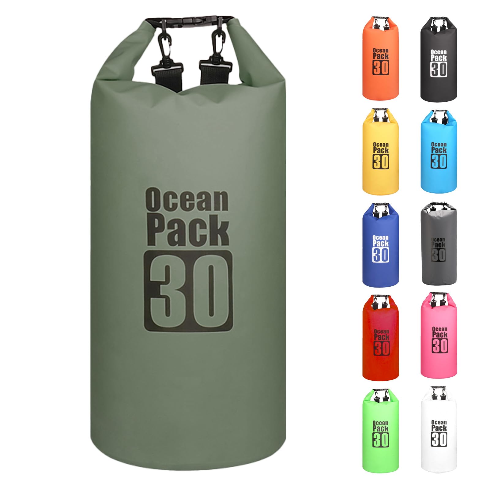 MORAINJAY 30L Sage Green Dry Bag,Waterproof Bag with Double Adjustable Shoulder Strap,Large Capacity Dry Sack 2L 5L 10L 15L 20L 30L for Outdoor Camping,Rafting,Swimming,Boating,Surfing