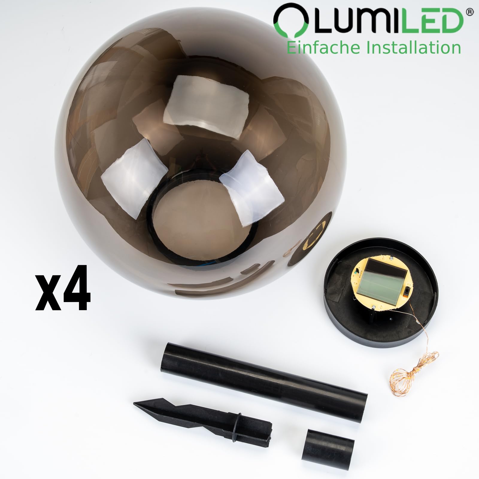Lumiled 4 Stück Solar Kugelleuchte Gartenleuchte mit Erdspieß Solarlampe Dämmerungssensor IP44 Warmweiß Rauchgrau Ø30 cm Wegeleuchte für Garten Terrasse Weg