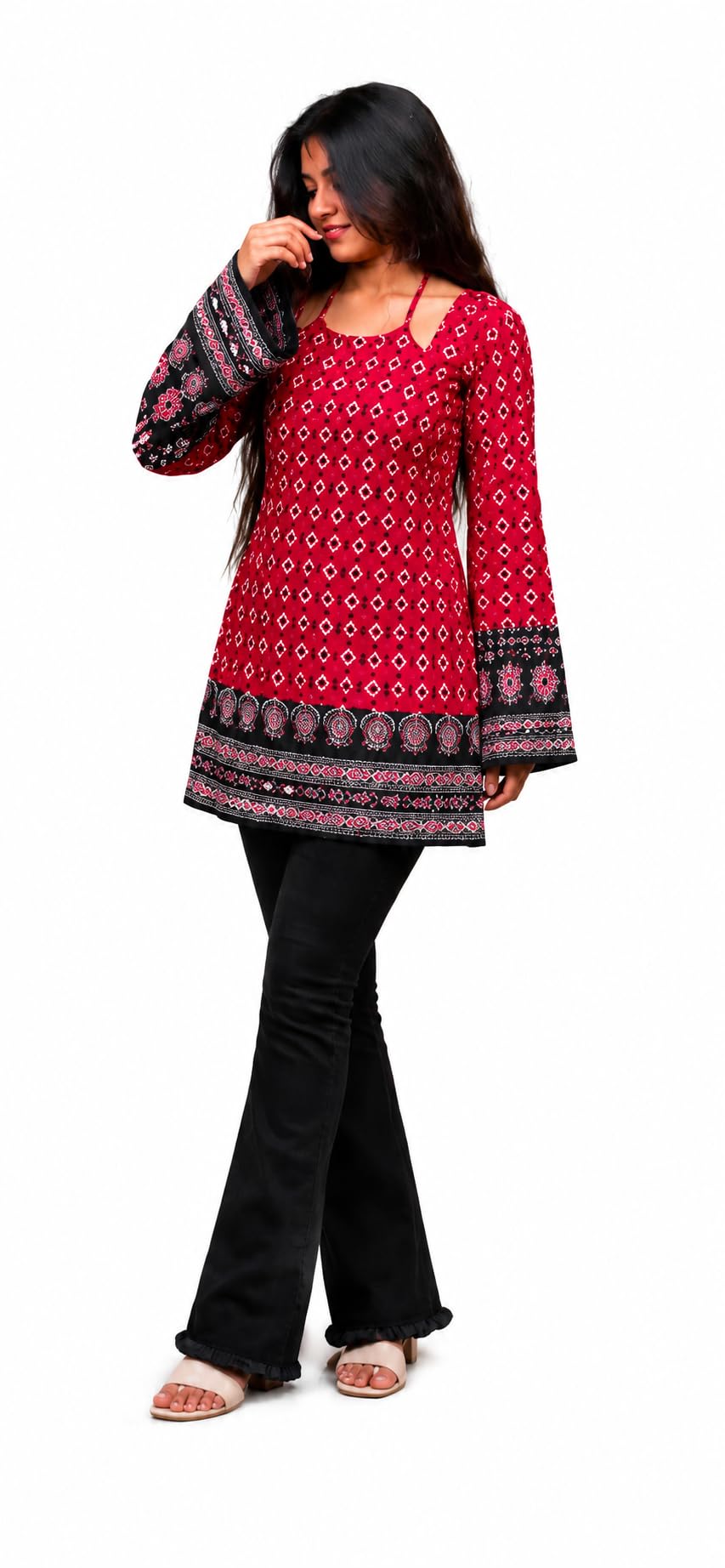 Women's Red Ethnic Print Tunic Top with Bell Sleeves-picture-41