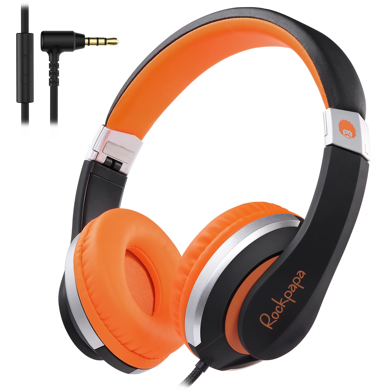 Rockpapa Auriculares con Cable I20, Auriculares estéreo con Cable con micrófono para niños y Adultos, Diadema Ajustable, Auriculares Plegables para Viajes, PC, Mac, Laptop, teléfono (Negro y Naranja)