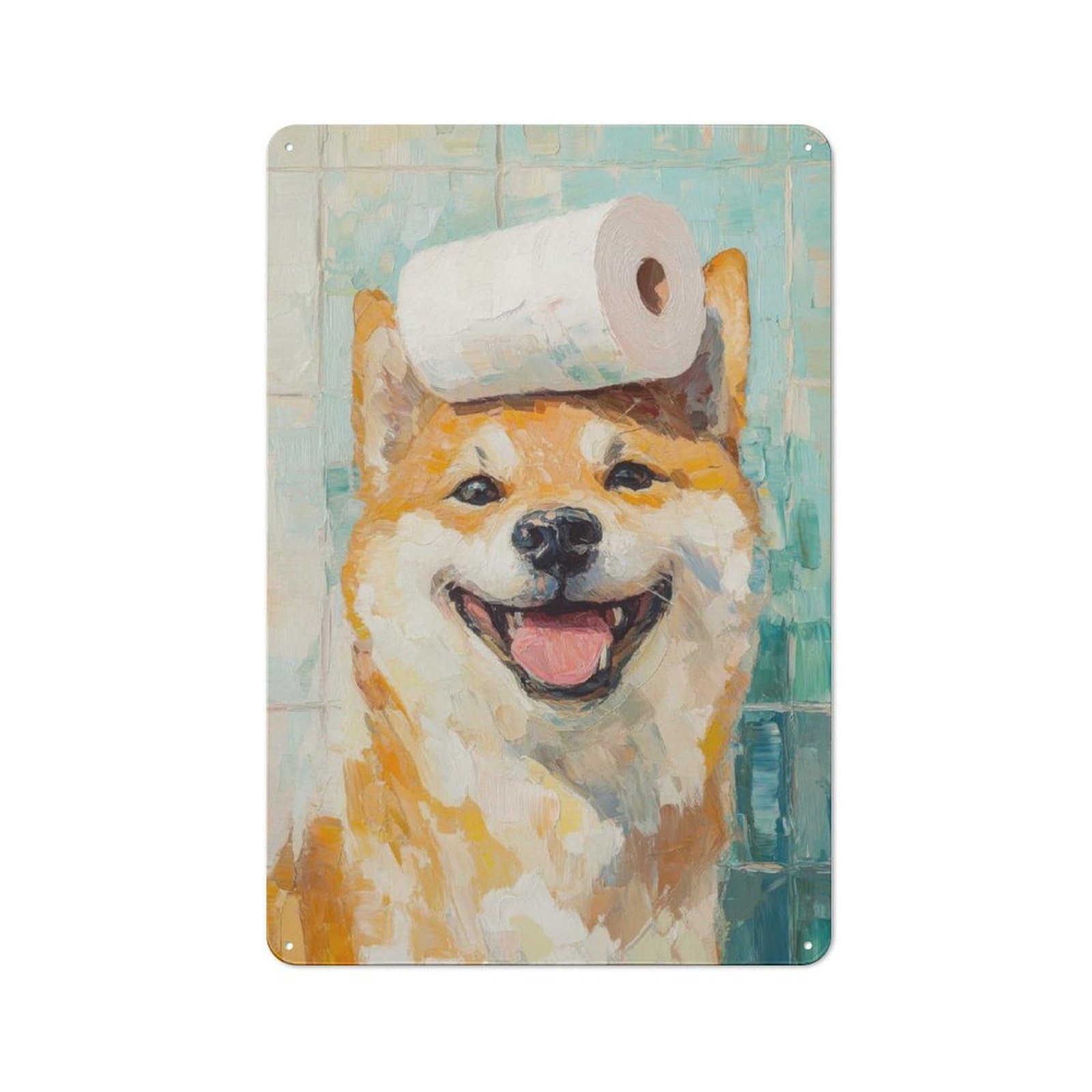 Retro Metal Sign with Shiba Inu with Toilet Paper Design 30x20cm, Nostalgic Vintage Wall Decor for Kitchen, Hallway, Bar Or Small Cafe