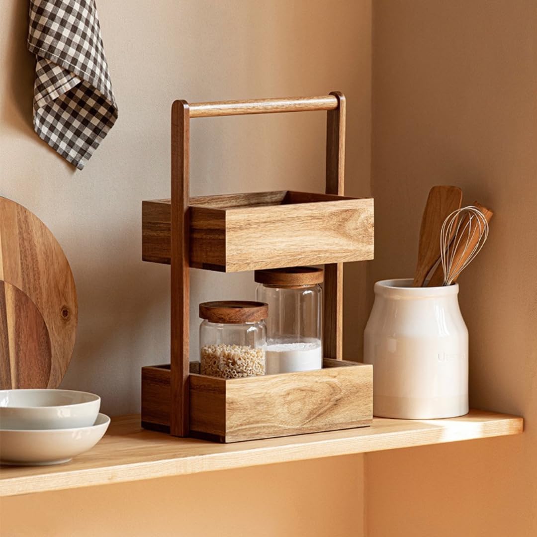 Espositore per cosmetici in legno a 2 livelli per trucco da bagno e cucina, elegante supporto per trucco in legno