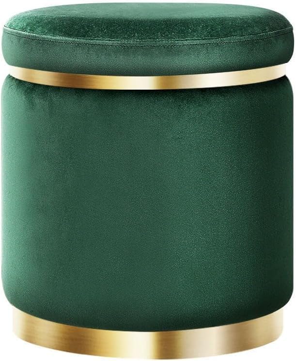 Image of Giftoshopee Velvet Puffy Ottoman Stool, Round Footrest with Diamond Quilting and Gold Base, Grey, for Living Room, Bedroom and Dressing Area