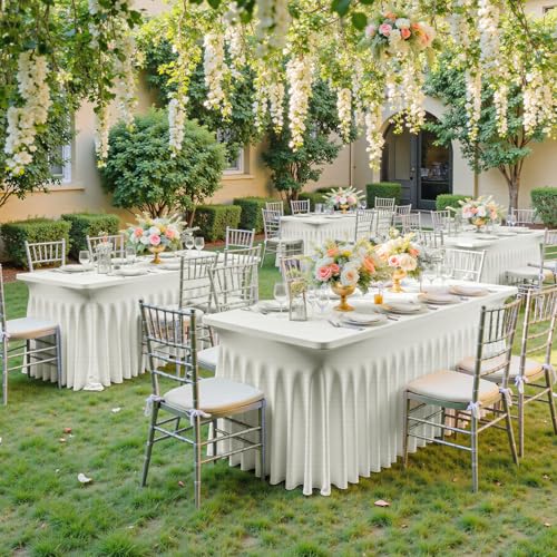 Image of NSSONBEN 2 pk Ivory Spandex Tablecloth for 8 Foot Rectangle Tables,Wrinkle Free High Stretch Cream Fitted Tablecloths with Ruffle Skirt, Elastic Spandex Table Covers 8ft for Parties Weddings Banquet