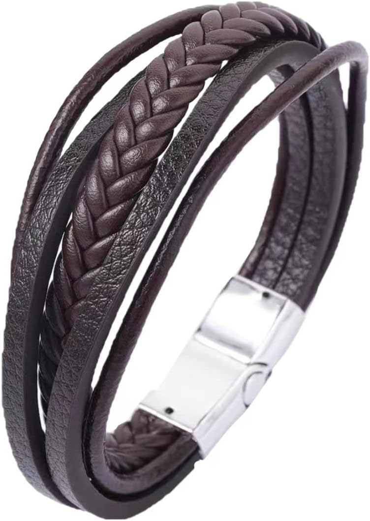 Stainless Steel Braided Leather Bracelet for Men Cuff Bangle Cross Magnetic Clasp 8.26 inches, black : Office Products