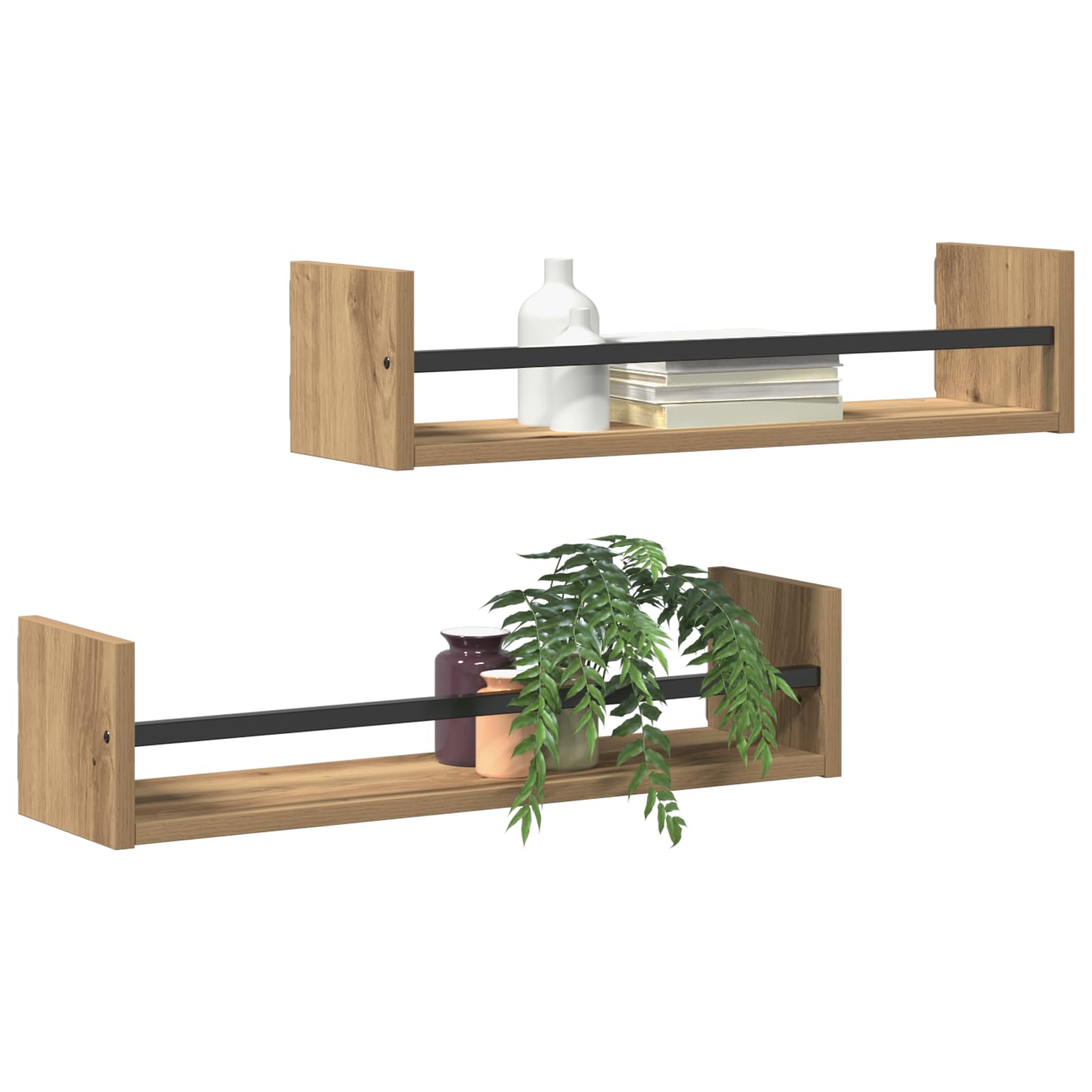 Set di 2 Mensole da Parete in Rovere Massello Artigianale, Finitura Macchiata Marrone, Dimensioni 60x16x14 cm, per Soggiorno Cucina Arredamento Casa con Stile Naturale