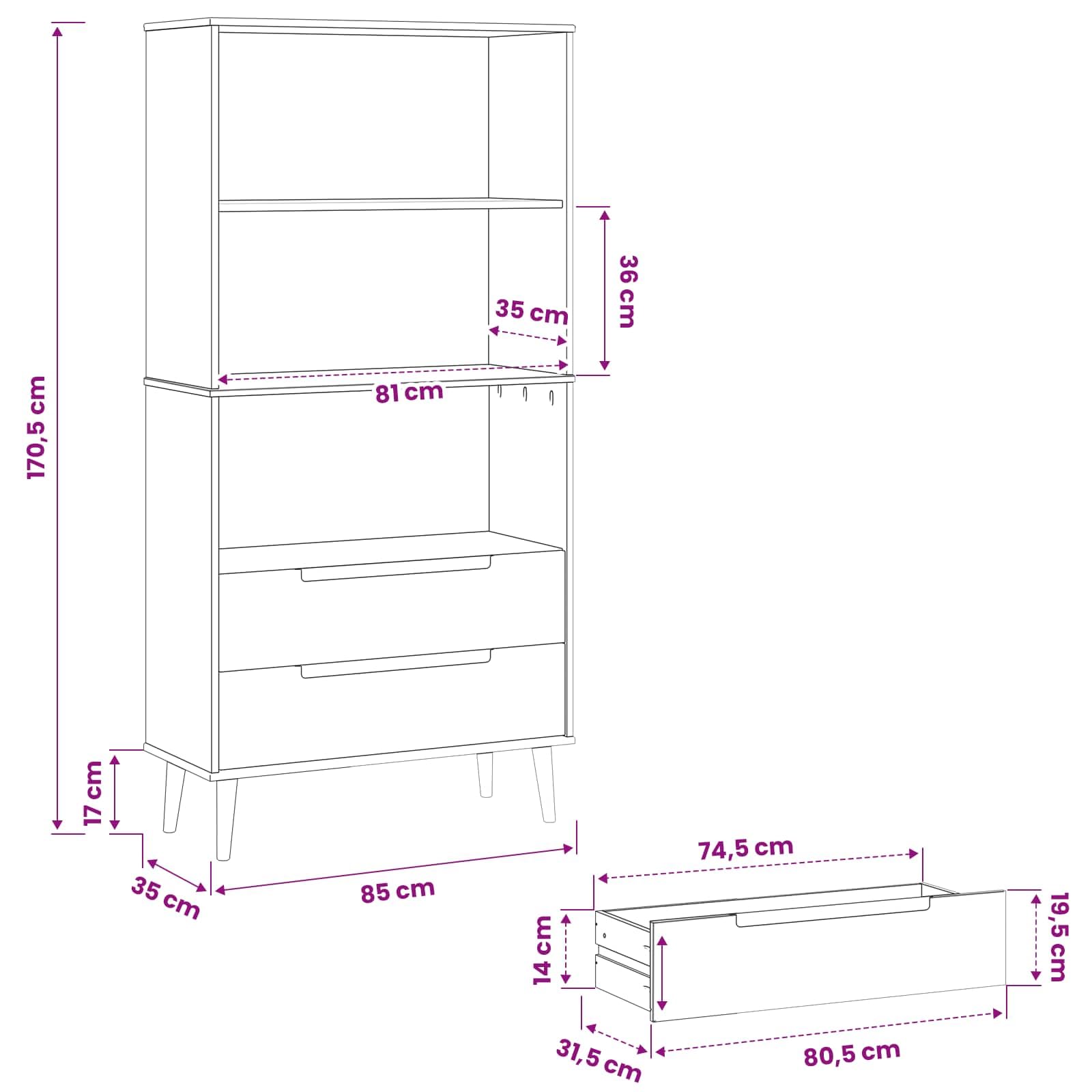 Bibliothèque MOLDE en bois massif de pin caramel 85 x 35 x 170,5