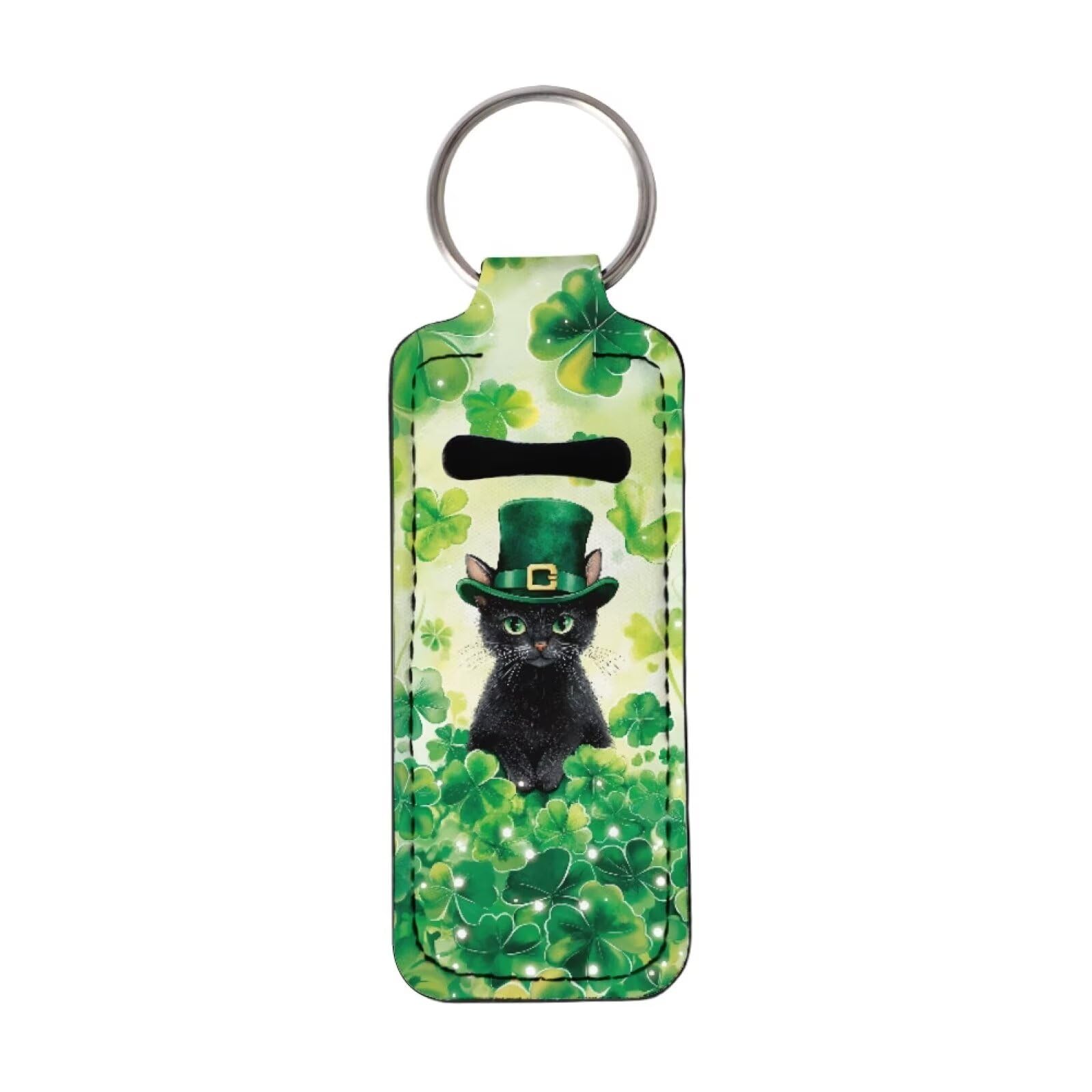 FKELYI Cute Cat Chapstick Holder Keychain St Patrick's Day Decorations Neoprene Lip Balm Sleeve Lipstick Holder Travel Accessories Key Chain Clip-On