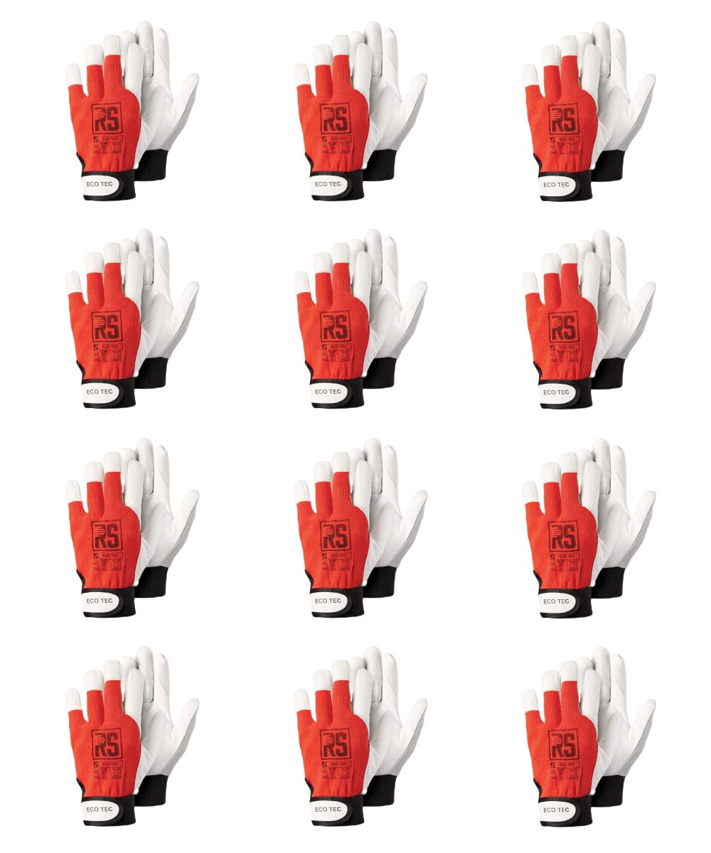 RS ARBEITSSCHUTZ EcoTec Rot 12 Paar - Montagehandschuhe aus Ziegenleder,Leder Arbeitshandschuhe,Lederhandschuhe mit Klettverschluss: ISO,CE PSA CAT II,EN 420,EN 388 - Gr. 9,Größe 9 (12er Pack)