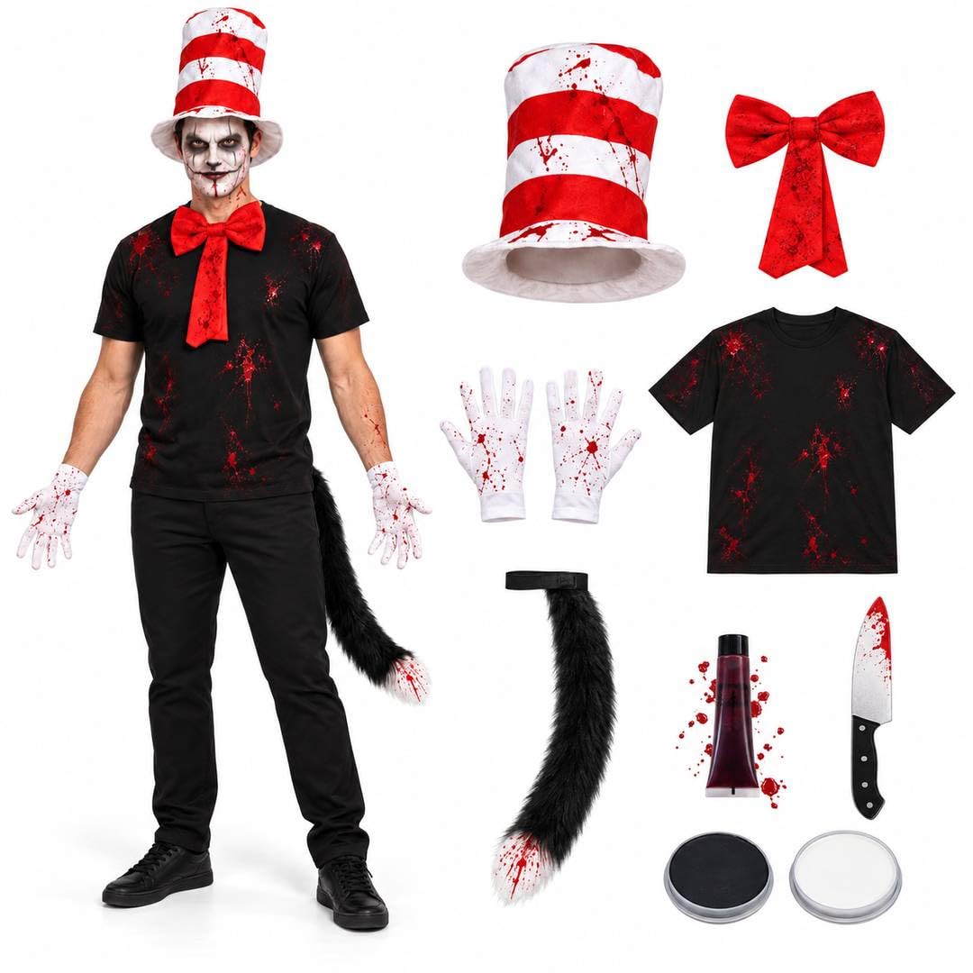Mens Halloween Killer Cat Costume Set Striped Hat Bow Tie Gloves XX-Large