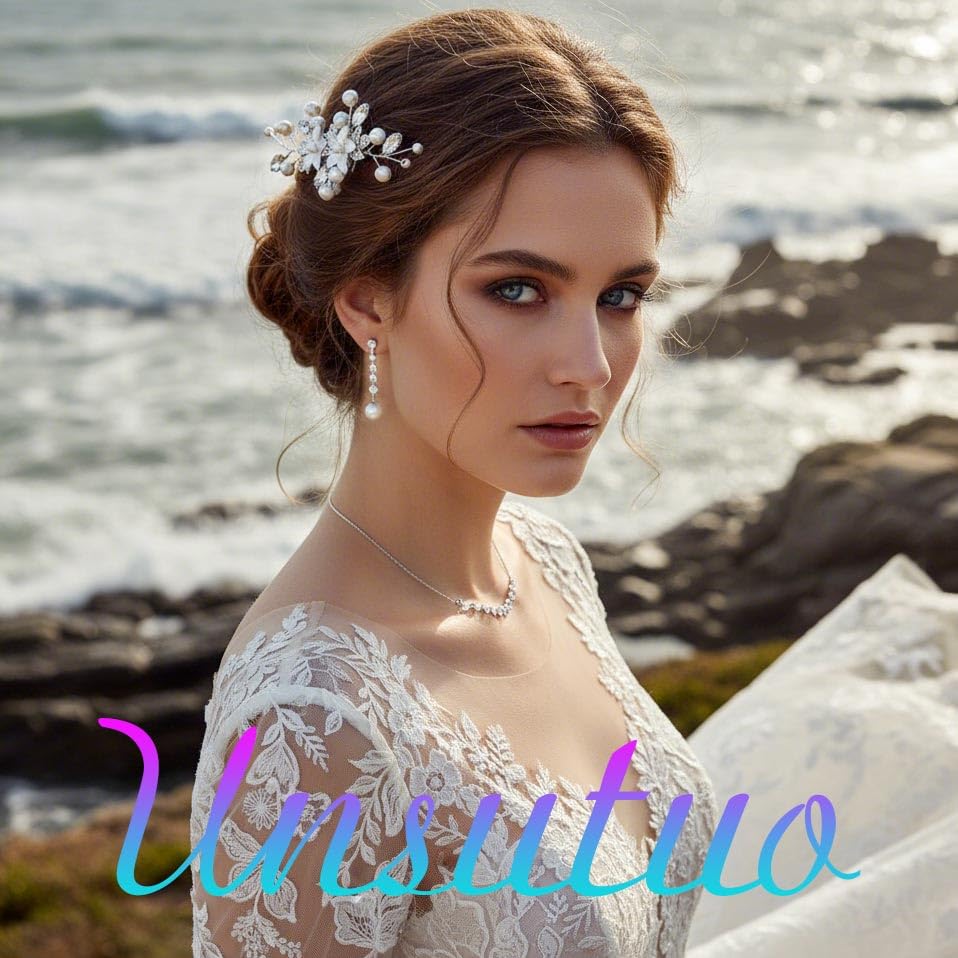 Unsutuo Bridal Flower Hair Comb Crystal Pearl Headpieces Silver Rhinestone Hair Accessories for Women and Girls - Image 7