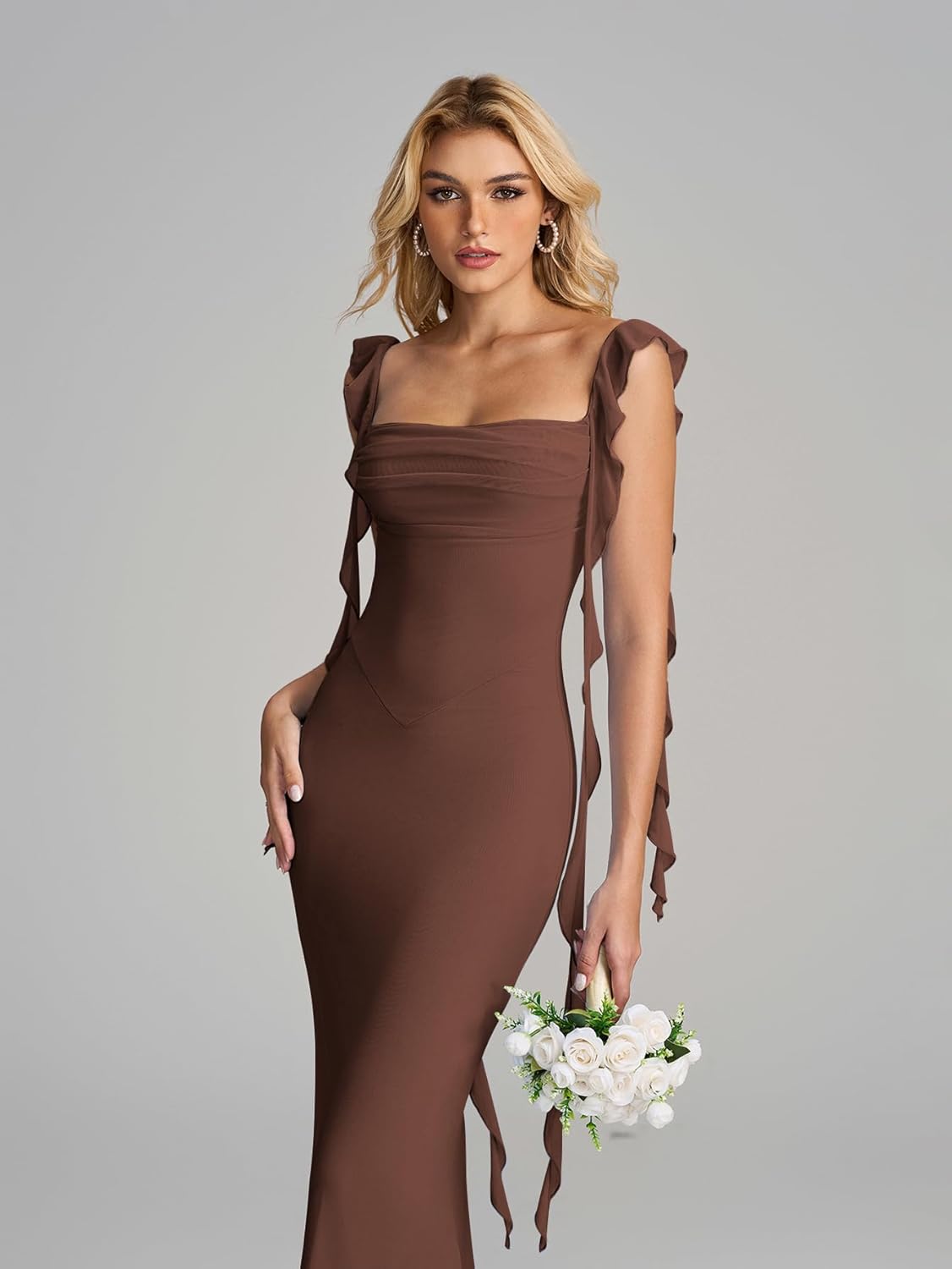 KUTUMAI Elegant Long Formal Wedding Guest Dresses for Women Ruffle Bodycon Cocktail Party Maxi Dress - Image 5