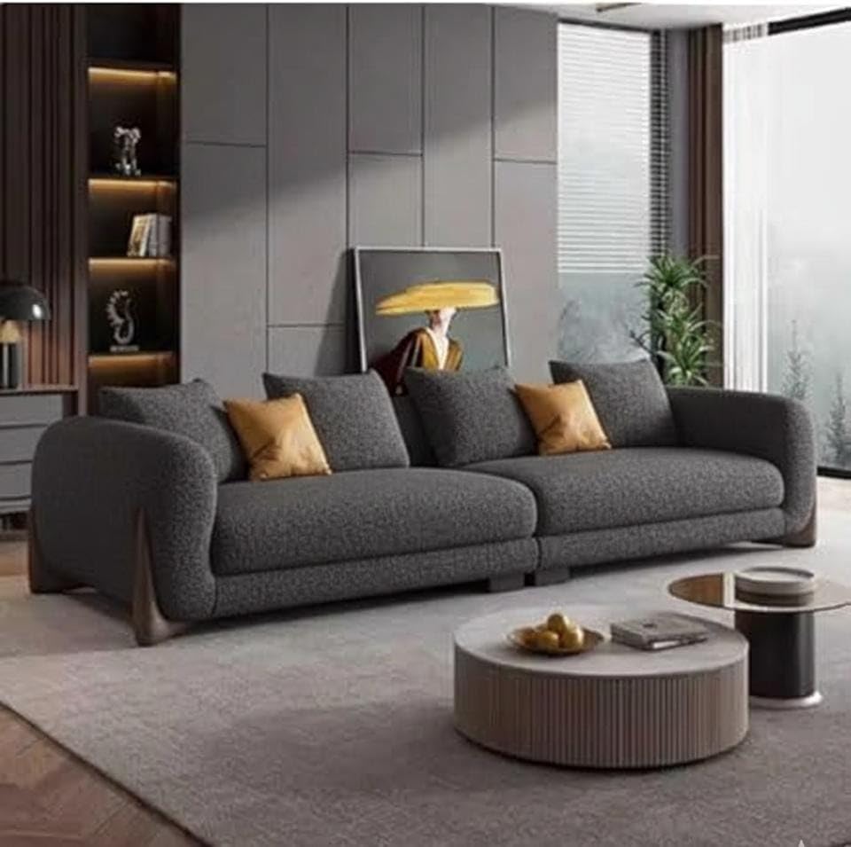 Image of Modern Sofa Chesterfield Design with Stylish Wooden Legs Bouncy Teddy Fabric Dark Grey Finish Sofa for Living Room, Bedroom, Hallways (3 Seater)